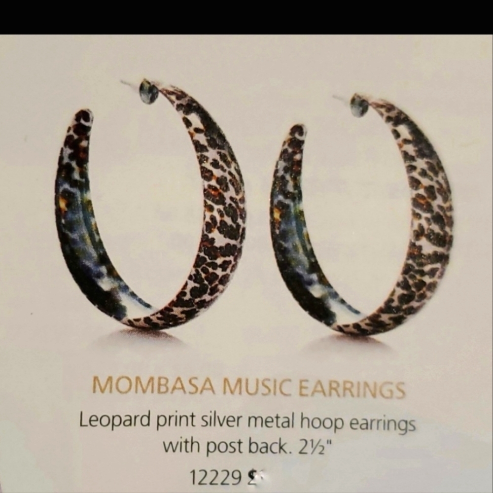 Mombasa Music leopard print earrings from Celebrating Home. 2.5 inches in length